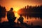 Blissful Grandfather grandson fishing sunset. Generate Ai