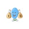 Blissful rich blue capsule cartoon character having money bags