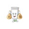 Blissful rich glass of milk cartoon character having money bags