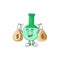 Blissful rich green chemical bottle cartoon character having money bags