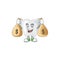 Blissful rich teeth cartoon character having money bags