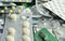 Blisters packs closeup. Different pills in blisters. Antibiotic closeup