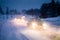 Blizzard on the Road during a Cold Winter Evening in Canada