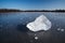 Block of ice lying on the surface of a frozen pond