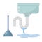 Blockage of pipe. Sink in bath and kitchen. Technical work. Broken sewer system, washbasin. Cartoon flat illustration