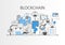 Blockchain background illustration with hand holding smartphone and icons