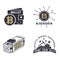 Blockchain, bitcoin, crypto currencies emblems and concepts. Digital assets logos. Vintage hand drawn monochrome design