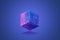 Blockchain cube or block with electronic board textures on a blue-purple background