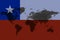 Blockchain world map on the background of the flag of Chile and cracks. Chile cryptocurrency concept
