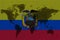 Blockchain world map on the background of the flag of ecuador and cracks. ecuador cryptocurrency concept