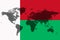 Blockchain world map on the background of the flag of Madagascar and cracks. Madagascar cryptocurrency concept