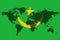 Blockchain world map on the background of the flag of mauritania and cracks. mauritania cryptocurrency concept