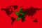 Blockchain world map on the background of the flag of Morocco and cracks. Morocco cryptocurrency concept