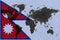 Blockchain world map on the background of the flag of Nepal and cracks. Nepal cryptocurrency concept