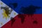 Blockchain world map on the background of the flag of Philippines and cracks. Philippines cryptocurrency concept