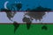 Blockchain world map on the background of the flag of Uzbekistan and cracks. Uzbekistan cryptocurrency concept