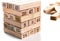 Blocks of game jenga on white background. Vertical tower whole and in game. Wooden blocks in stack with figures digit on