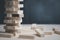 Blocks wood game with copy space, The tower from wooden blocks from the top view, Jenga, Businessman manage his strategy, Concept