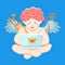 Blogger baby cupid carefully answers incoming letters and send vibes of love in a laptop and sits cross-leggedly relaxed on blue