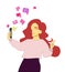 The blogger communicates with the audience. Vector illustration in cartoonish style of young girl taking selfie