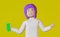 Blogger girl purple hair smartphone mockup thumb up yellow background 3d rendering. Online shopping. Customer feedback.