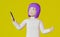Blogger girl purple hair video call talk smartphone thumb up yellow background 3d rendering Mobile phone Social media