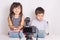 Blogger kid posing in front of camera for recording homemade video to vlog. Children make vlog for social media channel. Blogging,