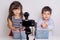 Blogger kid posing in front of camera for recording homemade video to vlog. Children make vlog for social media channel. Blogging,