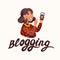 Blogging, making content for a blog or vlog vector illustration. Blogger or vlogger cartoon character making internet