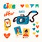 Blogging, making content for a blog or vlog vector illustration. Photo camera, and stickers for blogging. Cartoon icons