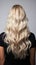 Blond balayage elegance Back view of youths haircare essence, against white backdrop