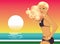 blond beach girl in bikini with summer landscape vector illustration