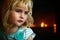 Blond blue eyed little girl sitting in front of a fireplace