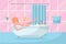 Blond Bob haircut girl in bathtub with washcloth in her hand. Bathroom interior with curtain, tile. Woman taking a bubble bath.