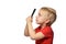 Blond boy with a magnifying glass in his hands. Little explorer. White background