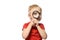 Blond boy with a magnifying glass in his hands. Little explorer. White background