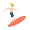 Blond boy with modern hairstyle making water surfing vector illustration