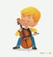 Blond Boy Sit on Chair Play Contrabass with Joy