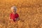 Blond boy standing in field of ripe wheat and smiling. Rural weekend