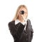 Blond business woman with spyglass