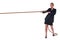 Blond businesswoman pulling on rope