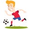 Blond caucasian cartoon football goal scorer running and kicking ball