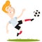 Blond caucasian cartoon football striker kicking football in mid-air