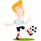 Blond caucasian cartoon soccer player kicking ball