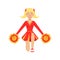 Blond cheerleader teenager girl dancing with red and yellow pompoms. Colorful cartoon character vector Illustration