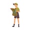 Blond Female as Park Ranger in Khaki Cap and Shorts Examining Map of Local Area Vector Illustration