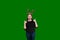 Blond female wearing Christmas reindeer antlers two thumbs up on green screen backdrop