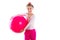 Blond fitness kid girls exercise swiss ball workout