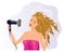 Blond girl with hairdryer