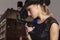 Blond girl with handgun pistol gangster style